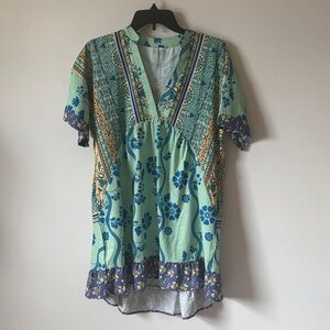 Source Unknown Mint & Blue Floral Mini Dress with Patterned Trim